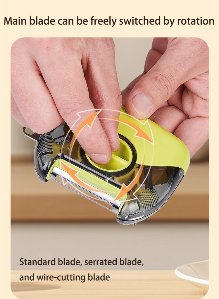 موندا مقشرة فواكه وخضراوات متعددة الوظائف 3 في 1 - 3 شفرات قابلة للتبديل (شفرة عادية/شفرة مسننة/شفرة تقطيع) | مفتاح تحكم، أداة مطبخ منزلية للفواكه والخضراوات ذات القشرة السميكة والطرية، لون أخضر - Image 3